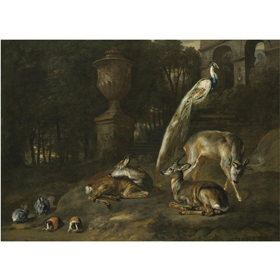rabbits, guinea-pigs, roe-deers and a peacock in an ornamental garden by Pieter Boel