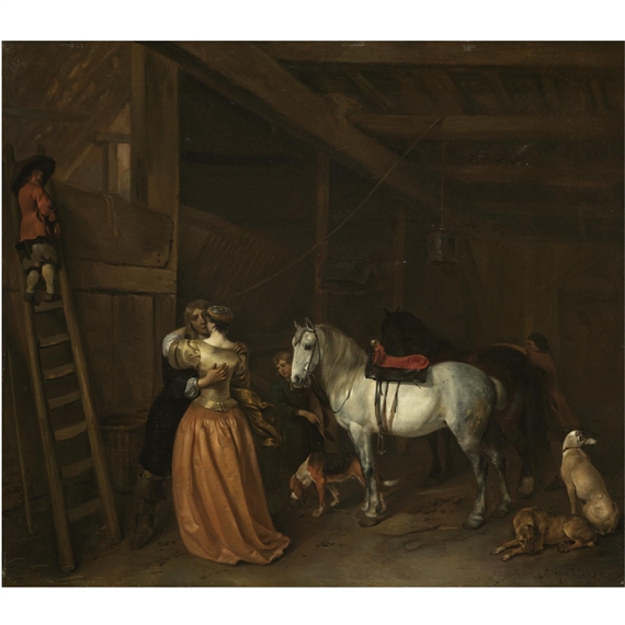 An amorous couple in a stable with a grey, a bay horse and dogs by Hendrick Verschuring
