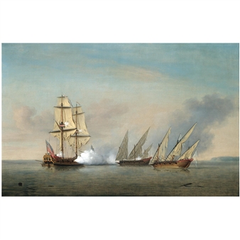 a Royal Navy Brig in action with two armed Spanish Xebecs - Richard Paton