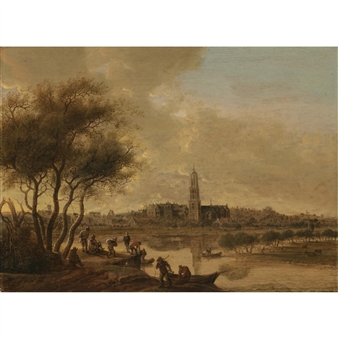 a panoramic View of Rhenen seen from the south bank of the Nederijn, with the Church of St Cunera - Anthonie Jansz. van der Croos