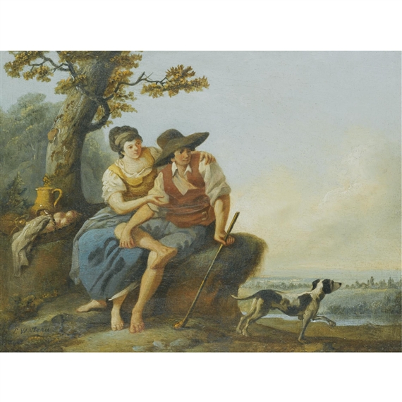 A milkmaid and a shepherd in a landscape together with their dog by Louis-Joseph Watteau