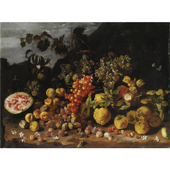 Natura morta di frutta con prugne, ciliegie, anguria e uva by Luca Forte