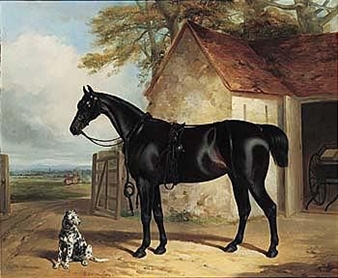 a bay hunter before a stable with a dalmatian - William Barraud