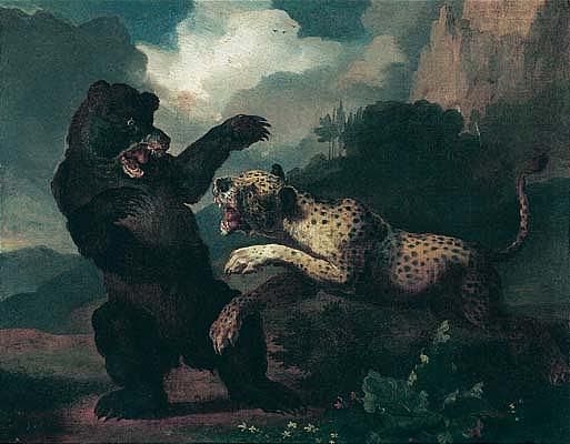 a mountainous landscape with a leopard attacking a bear by Abraham Hondius