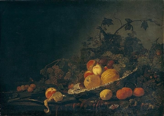 STILL LIFE OF QUINCES, PLUMS, PEACHES AND GRAPES IN A SILVER SALVER, TOGETHER WITH A PEACH AND A PEELED LEMON ON A SILVER PLATE, A KNIFE, GRAPES, ORANGES, LEMONS AND APRICOTS ON A TABLE PARTLY DRAPED WITH A RED CLOTH - Abraham van Calraet