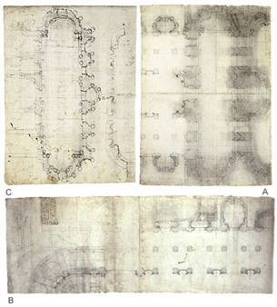 A composite of three architectural sketches showing interior floor plans and structural details.