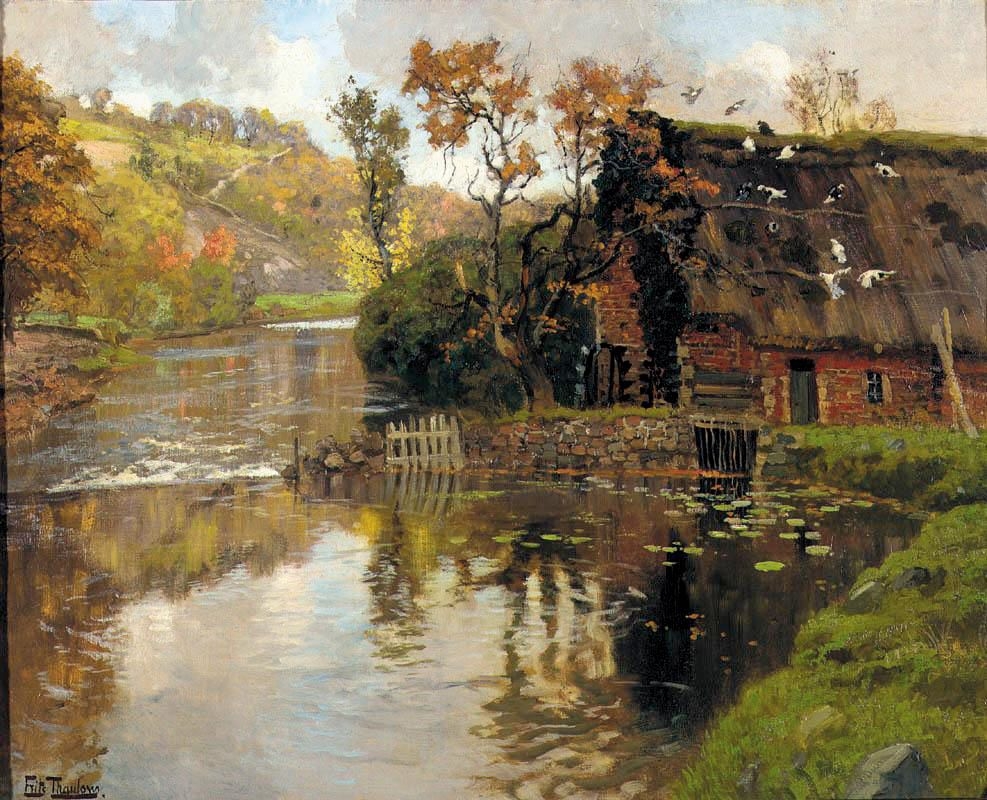Artwork by Frits Thaulow, COTTAGE BY A STREAM, Made of oil on canvas