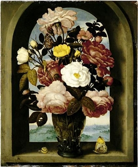 A STILL LIFE OF ROSES IN A BERKEMEIJER GLASS, WITH BUTTERFLIES AND A SNAIL, IN AN ARCHED STONE WINDOW WITH A LANDSCAPE BEYOND - Ambrosius Bosschaert the Elder