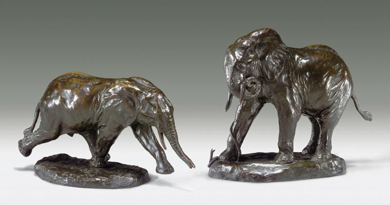Artwork by Carl Ethan Akeley, GOING AND STUNG: A PAIR OF BRONZE ELEPHANTS