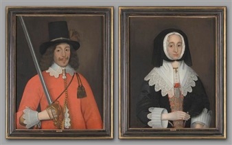 PORTRAIT OF COLONEL JOHN HUTCHINSON (1615-1664) AND HIS WIFE, MRS HUTCHINSON, NEE LUCY APSLEY (B.1620), BOTH HALF LENGTH, HE WEARING A RED TUNIC WITH WHITE COLLAR AND CUFFS AND A BLACK HAT, A SWORD IN HIS RIGHT HAND, SHE WEARING A BLACK DRESS AND A HEADDRESS WITH WHITE LACE COLLAR AND CUFFS, HOLDING A FAN - John Souch