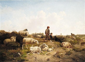 SHEPHERD BOYS WITH THEIR FLOCK - Cornelis van Leemputten