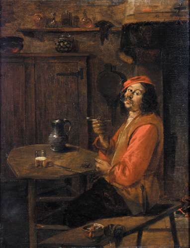 Artwork by Abraham Diepraam, AN INTERIOR WITH A BOOR DRINKING AND SMOKING