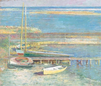 BOATS AT A LANDING - Theodore Robinson