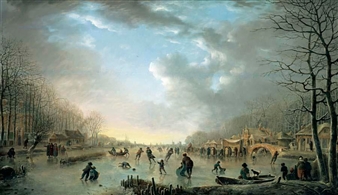 WINTER LANDSCAPE WITH A FROST FAIR AND FIGURES SKATING UPON A FROZEN RIVER - Andries Vermeulen