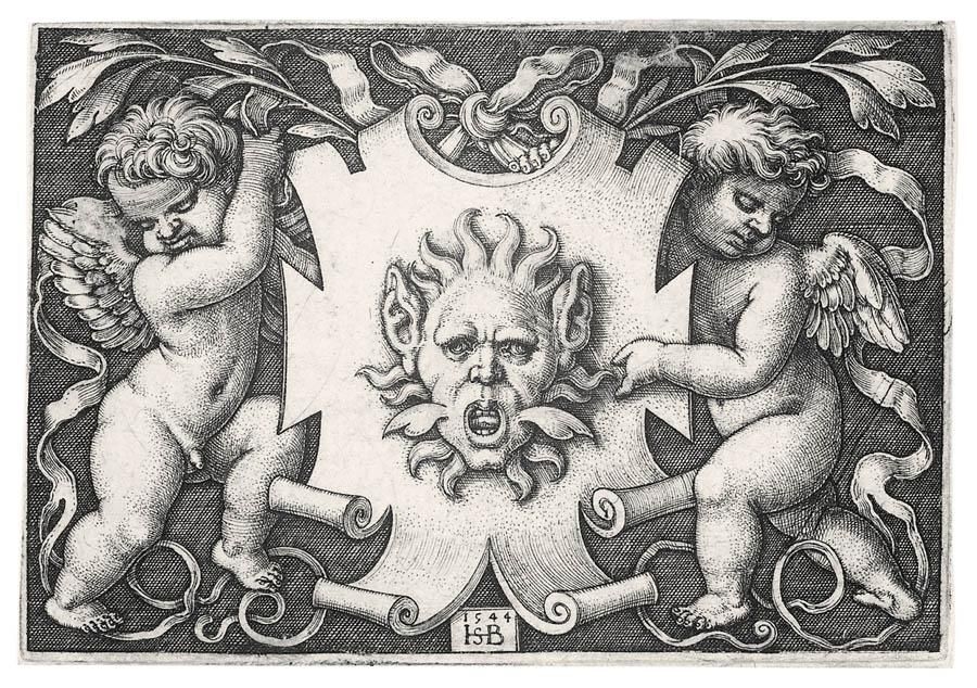 Artwork by Hans Sebald Beham, A MASK HELD BY TWO GENII (HOLL.232)