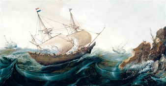 DUTCH SHIPPING OFF A ROCKY COAST - Cornelis Verbeeck