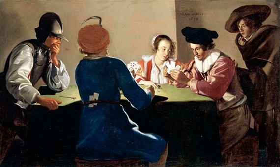 AN INTERIOR WITH SOLDIERS CHEATING AT CARDS by Jacob van Oost