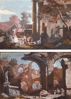 AN ARCHITECTURAL CAPRICCIO WITH FIGURES INVESTIGATING A TOMB AMONGST RUINS; AN ARCHITECTURAL CAPRICCIO WITH FIGURES, A MAN DRINKING FROM A FOUNTAIN - Marco Ricci