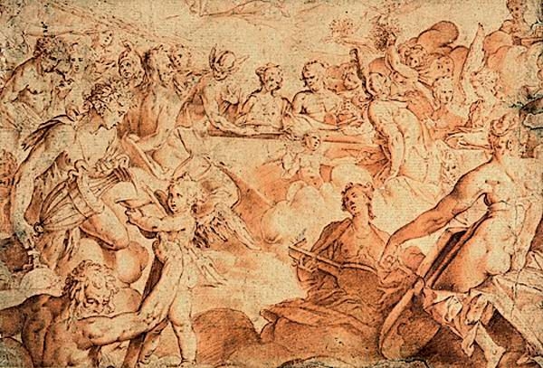 Artwork by Bartholomeus Spranger, THE FEAST OF THE GODS, Made of red chalk