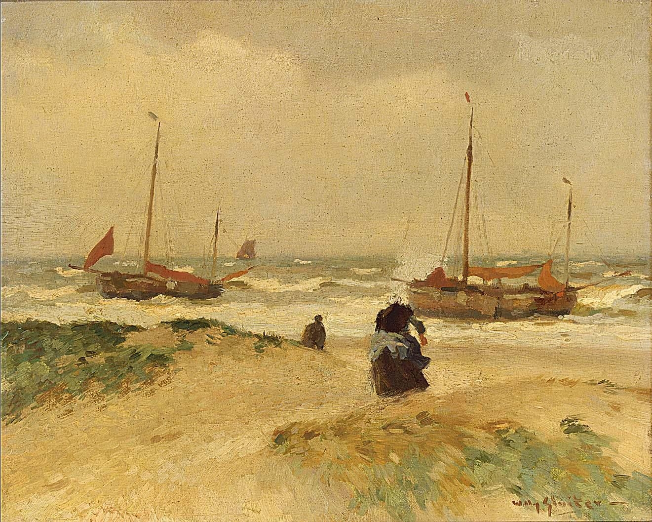 Artwork by Willy Sluiter, BOMSCHUITEN ON KATWIJK BEACH, Made of oil on canvas