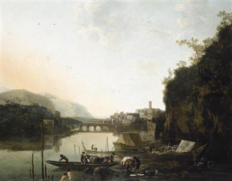 SCHIEDAM NEAR ROTTERDAM 1620 (?) - 1673 AMSTERDAM AN ITALIANATE RIVER LANDSCAPE WITH A CAPRICCIO VIEW OF A TOWN AND A BROKEN BRIDGE BEYOND, A FERRY-BOAT AND BATHERS IN THE FOREGROUND Picture
