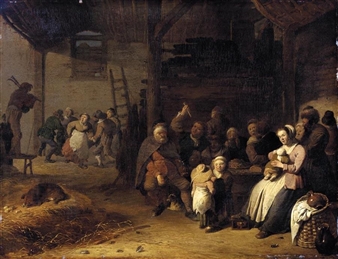 A BARN INTERIOR WITH PEASANTS EATING AND DANCING TO THE MUSIC OF BAGPIPES - Pieter de Bloot