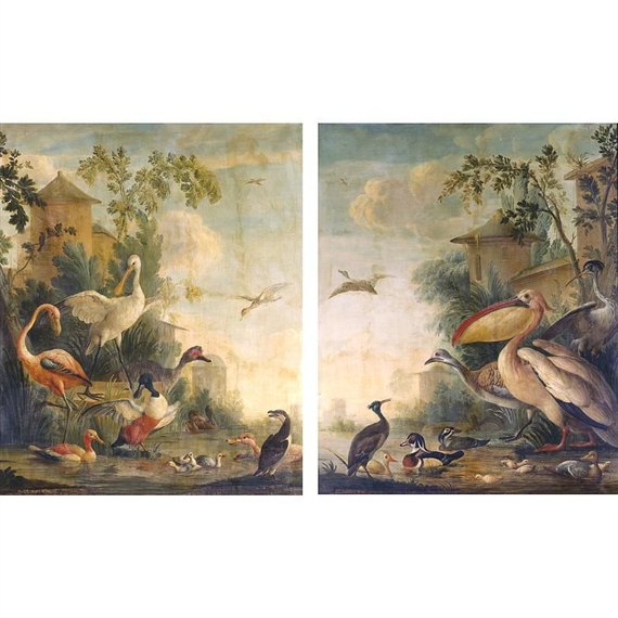 A FLAMINGO, A SPOONBILL, A SHOVELER, A CORMORANT AND OTHER BIRDS BY A LAKE; A PELICAN, WOOD DUCKS AND OTHER BIRDS BY A LAKE - Gerrit van den Heuvel