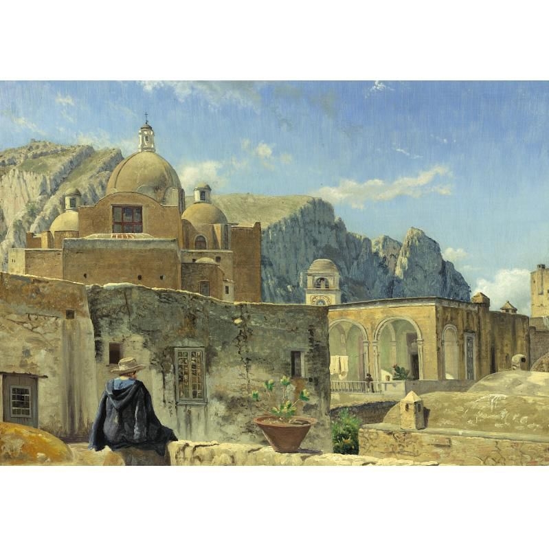 Artwork by Vilhelm Kyhn, A YOUNG BOY SEATED ON A WALL OVERLOOKING CAPRI, Made of oil on canvas