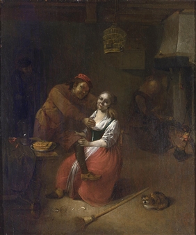 AN AMOROUS COUPLE IN AN INN, WITH A WOMAN BY A FIREPLACE IN THE BACKGROUND, A BROOM AND A CAT IN FRONT - Abraham Diepraam
