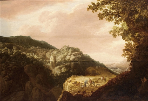 AN EXTENSIVE ITALIANATE HILLY LANDSCAPE WITH SHEPHERDS RESTING WITH THEIR HERD ON A PATH, A VIEW OF A TOWN BEYOND - Pieter Anthonisz. van Groenewegen