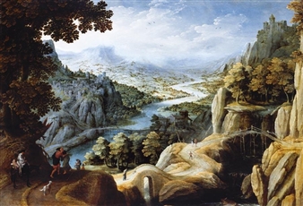AN EXTENSIVE MOUNTAINOUS RIVER LANDSCAPE WITH THE RECONCILIATION OF JACOB AND LABAN, A FORTIFIED TOWN ON A CLIFF-TOP BEYOND - Tobias Verhaecht