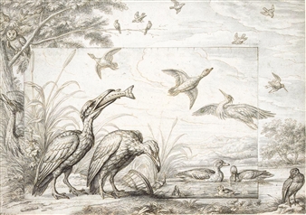 WATERFOWL BY A POND - Francis Barlow