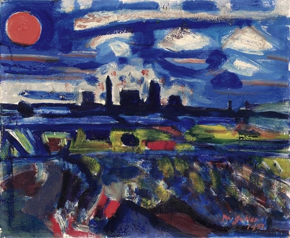 NACHTLANDSCHAFT MIT GASWERK SCHLIEREN, 1951 NIGHT LANDSCAPE WITH THE GAS PLANT SCHLIEREN, 1951 by Max Gubler