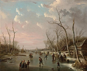 AN EXTENSIVE WINTER LANDSCAPE WITH SKATERS ON A FROZEN RIVER, A VIEW OF A TOWN BEYOND - Andries Vermeulen