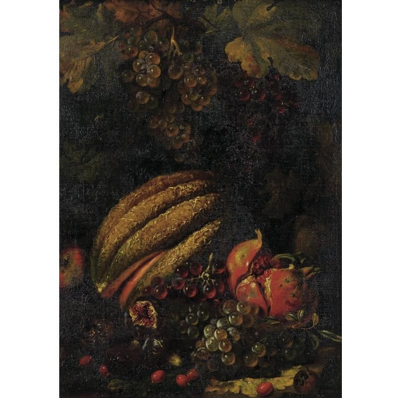 STILL LIFE WITH CANTALOUPE, GRAPES, FIGS AND POMEGRANATE by Luca Forte
