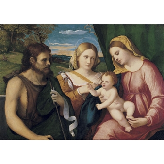 A 'SACRA CONVERSAZIONE': THE MADONNA AND CHILD WITH SAINTS JOHN THE BAPTIST AND A FEMALE SAINT (PROBABLY SAINT CATHERINE) - Jacopo Palma il Vecchio