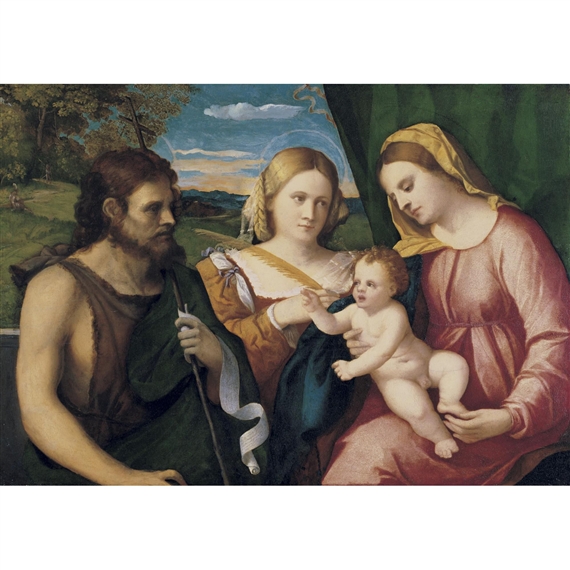 A 'SACRA CONVERSAZIONE': THE MADONNA AND CHILD WITH SAINTS JOHN THE BAPTIST AND A FEMALE SAINT (PROBABLY SAINT CATHERINE) by Jacopo Palma il Vecchio