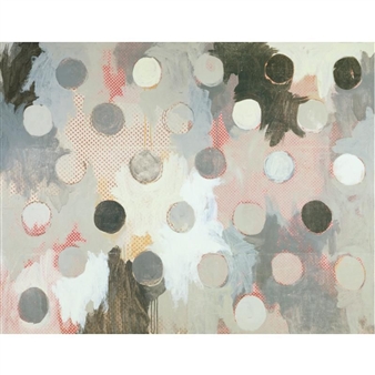A layered abstract composition featuring scattered circles over a textured, multi-colored background.