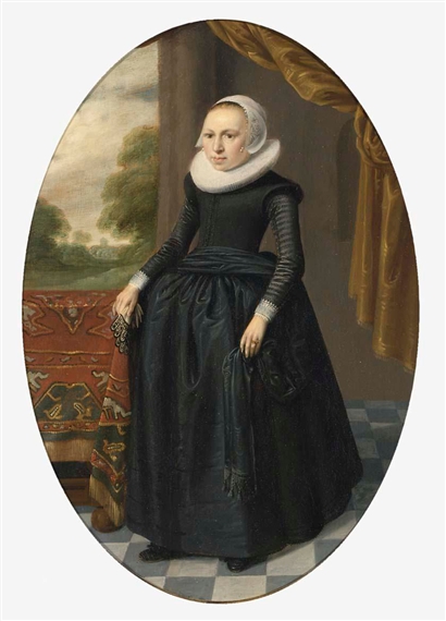 a portrait of a lady, standing full-length, wearing a black dress with lace collar and bonnet, holding gloves, near a table draped with a persian carpet by Thomas de Keyser