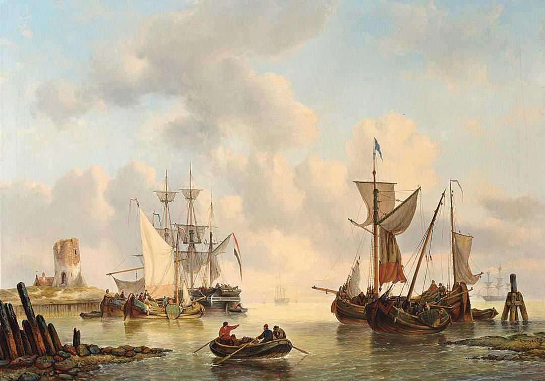 Artwork by Georg Willem Opdenhoff, Sailing vessels in a calm, Made of oil on canvas