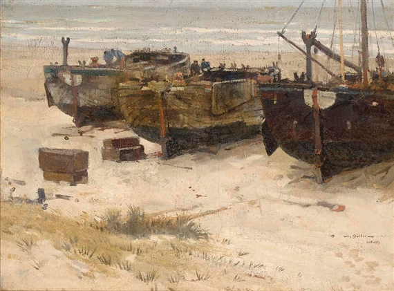 Bomschuiten on the beach, Katwijk by Willy Sluiter