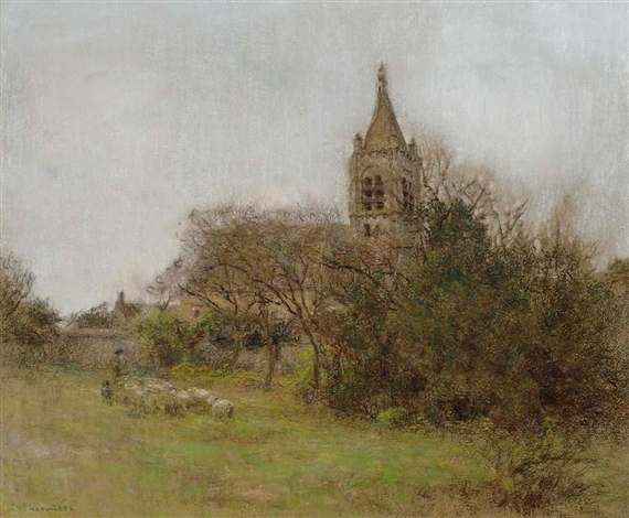'Le clocher de Primelle' - a shepherd and his flock in the surroundings of Bourges by Léon-Augustin L'Hermitte