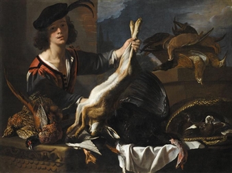A STILL LIFE OF DEAD GAME WITH A YOUNG MAN HOLDING UP A HARE - Jacopo Chimenti