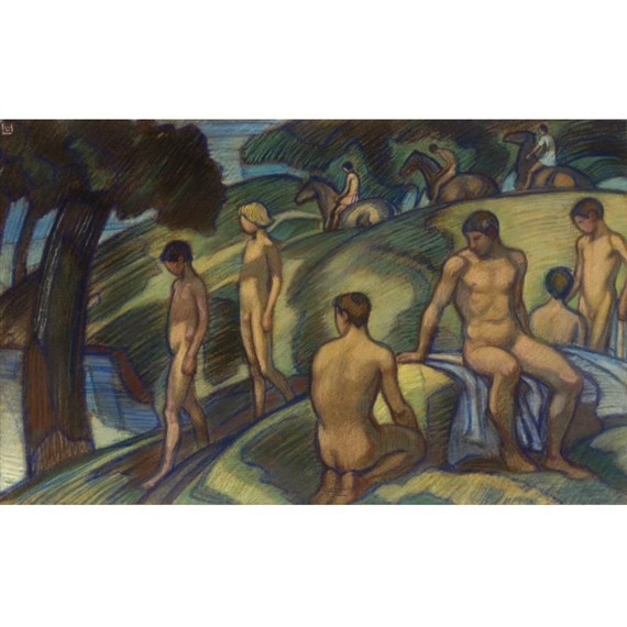 men, boys and horses in a landscape by Ludwig von Hofmann, FullFormat:circa,year,1910