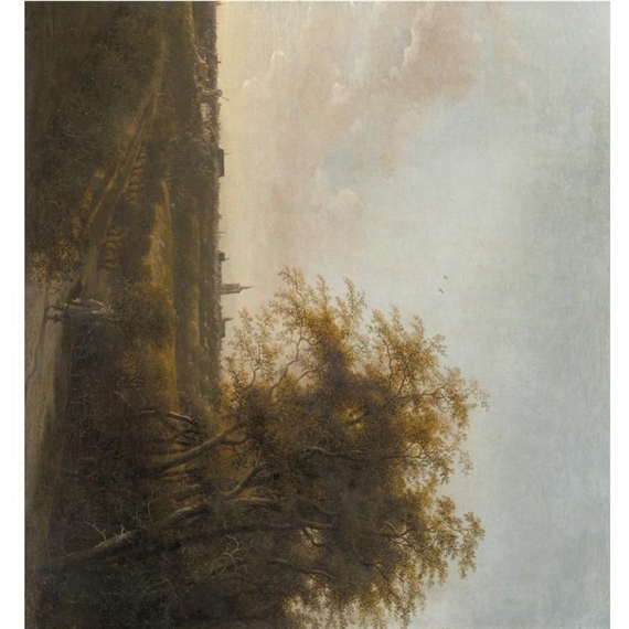 An extensive landscape with a man and his dog on a sandy road, The Hague in the distance by Anthonie Jansz. van der Croos