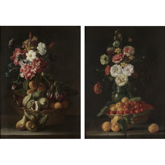 Still life with a basket of figs and plums together with a bouquet of flowers; Still life with a basket of peaches and cherries together with a bouquet of flowers in an earthenware vase by Luca Forte