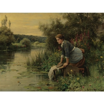 Laundress by the Water's Edge - Daniel Ridgway Knight