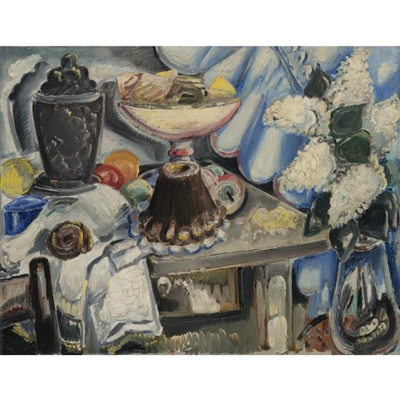 Stilleben mit Gugelhupf und weissem Flieder (STILL LIFE WITH CAKE, FRUIT AND WHITE LILACS) by Paul Kleinschmidt, FullFormat:,year,1935