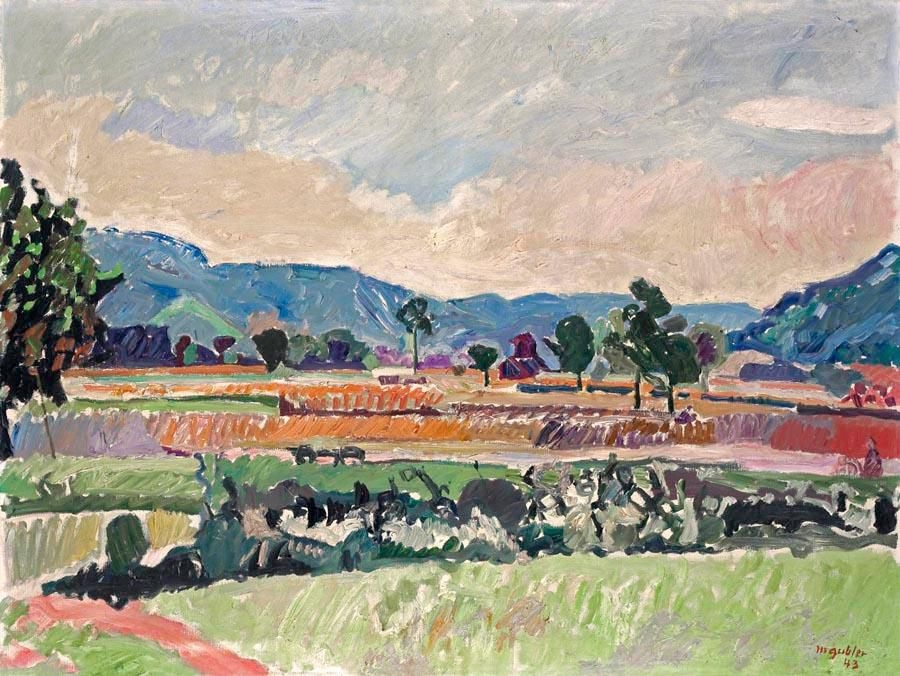 Artwork by Max Gubler, KORNFELDER, WEININGER FELD, 1943 CORNFIELDS, FIELDS IN WEININGEN , 1943, Made of Öl auf Leinwand
