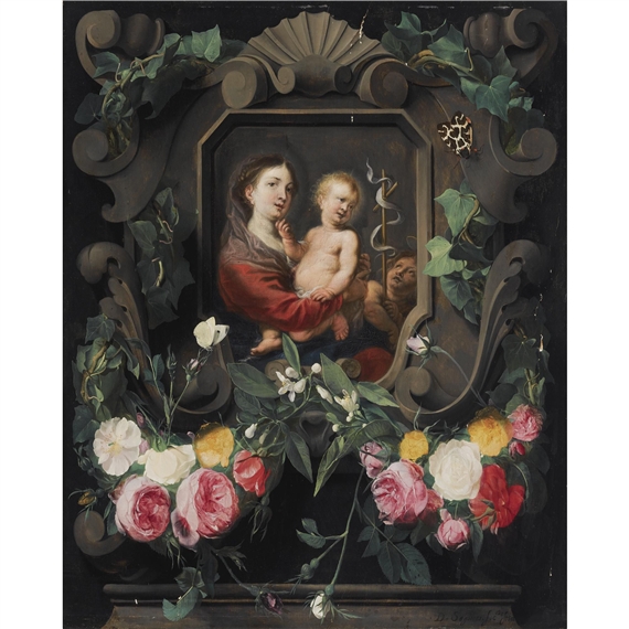 The Virgin and child with the infant Saint John, in a stone cartouche, decorated with a garland of roses, snowdrops and ivy, together with two butterflies by Daniel Seghers